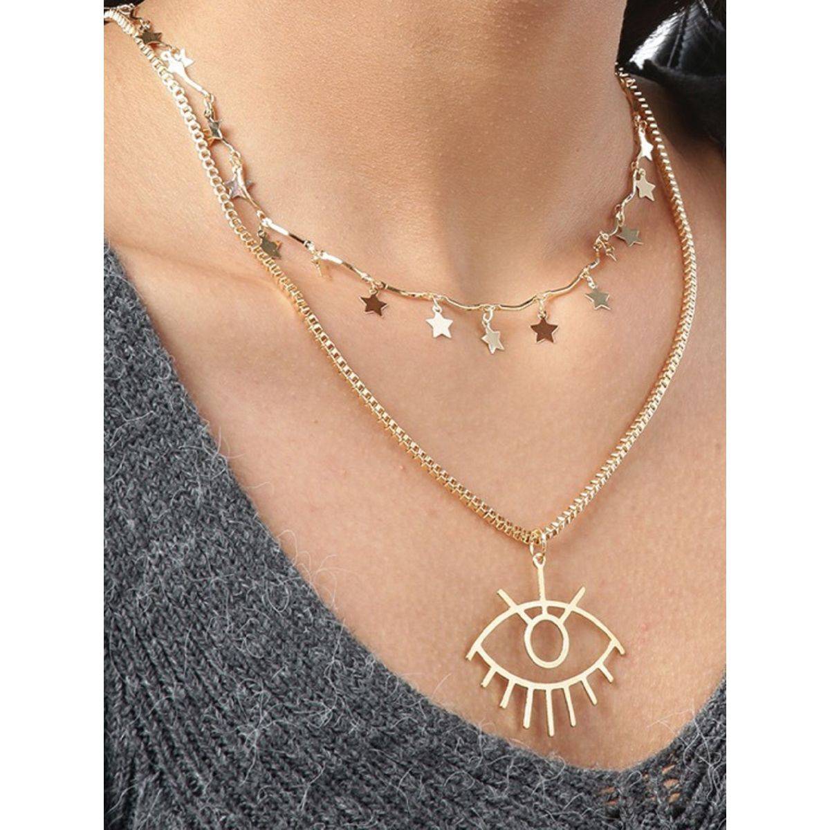 OOMPH Gold tone Multi Layer Multi Strand Evil Eye Good Luck Charm Link Chain Necklace